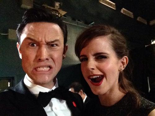 Joseph Gordon Levitt and Emma Watson backstage during the Oscars